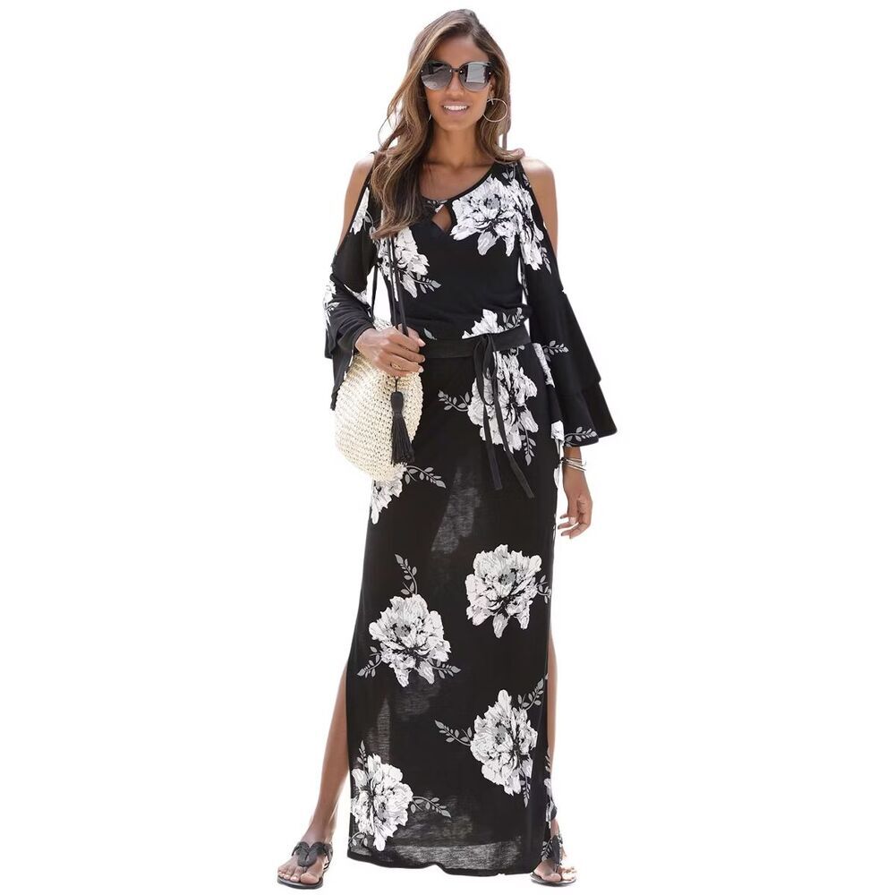 Women's Print Cold Shoulder Maxi Dress - LASCANA - Black & White Floral SZ 8